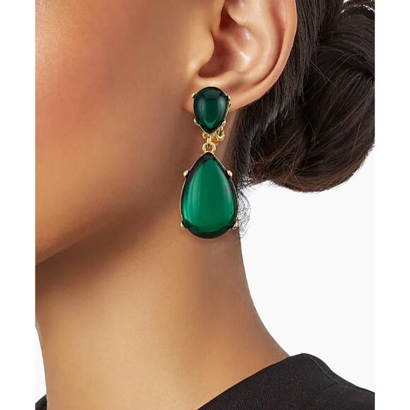 Vintage Kenneth Jay Lane Gold Tone Emerald Resin Double-Drop Dangle Earrings - Picture 8 of 8